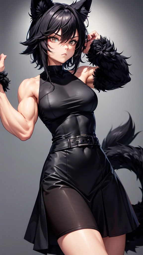 Muscular furry tomboy wearing dark black dress.