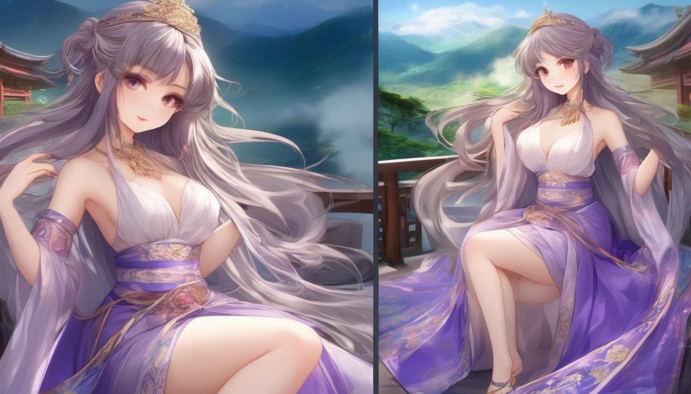 穿着华服的神明Strike a pose拍照, Ancient Goddess, Traditional Beauty, if, Beautiful goddess, Gorgeous role-playing, high, Beautiful young girl, Beautiful woman, 华丽Beautiful woman, Complex clothing,Chinese Mystical Aesthetics, Beautiful Asian girl, Extremely detailed shot of the goddess, Jaw-dropping beauty, Big breasts deep neckline sexy belly button(butt), (bedroom), (Sexy Girls), masterpiece, best quality, Bangs, blush, Chest, clavicle, Eyebrows visible through hair, (Gradient purple gold hair), Jewelry, Long hair,Bright Eyes, ring, (solitary), illustration, fashionable, miss, Strike a pose, background, element, confident, Express, Accessories, majestic, striking, key point, Dynamic poses, ((plump)), (black))Woman in transparent dress,Viewer,(((Full breasts, Keeley University))),Slim waist,(Navel exposed,Bare waist), Long hair, extreme detailed details, Detailed fantasy art, Stunning character art, Beautiful and exquisite character art, Beautiful transparent dress, Very detailed, Large Breasts,饱满Chest,Golden ratio figure,Perfect body,Ultra wide-angle shooting,Full body shot拍摄,Body close-up,Full body shot,Wearing a pleated tulle skirt,柔和动漫illustration, 柔和的深色background,Fujifilm XT3 Clear focus, f 5.6, High Detail, Clear focus,(Wearing openwork clothing),, (Natural light), (Tempting)translucent, Good velvet quality, Compared, Divine Light,, Silver hair, 天空background, Absolute Strength,Female Shinmei,穿着性感丝绸的Female Shinmei,,Large Breasts,饱满Chest,Golden ratio figure,Perfect body,Ultra wide-angle shooting,Full body shot,Body close-up,Full body shot, Wearing a tulle dress, Model shooting style, Large Breasts,饱满Chest,Golden ratio figure,Perfect body,(Extremely detailed CG 8k wallpaper unit), The most beautiful artistic photos in the world, , 8K Ultra HD, ) on the beach,Lazy gesture,Charming and seductive expression,best quality,masterpiece,Ultra-high resolution,(Practical:1.4),original photo,Ultra-high resolution