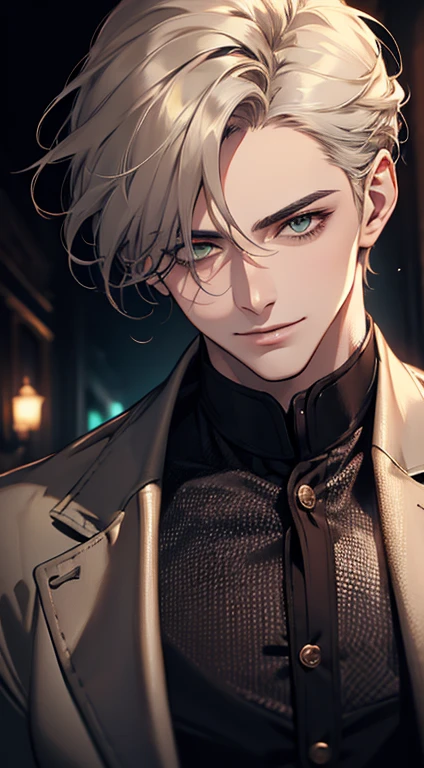 ((a mature man, very handsome, smile in love, short grey golden hair, green eyes, perfect face without errors)), ((buttoning the jacket, CEO)), (best quality, masterpiece, 8K, photorealistic, cinematic lighting, hdr image, ultra detailed, beautiful image), (portrait, detailed facial features, intricate textures, realistic skin tones, highly detailed, ultra-realistic), (warm lighting, soft shadows, dramatic lighting), (muted color palette, rich tones), (professional photography, high resolution, studio lighting)