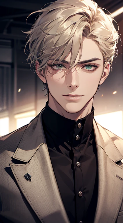 ((a mature man, very handsome, smile in love, short grey golden hair, green eyes, perfect face without errors)), ((buttoning the jacket, CEO)), (best quality, masterpiece, 8K, photorealistic, cinematic lighting, hdr image, ultra detailed, beautiful image), (portrait, detailed facial features, intricate textures, realistic skin tones, highly detailed, ultra-realistic), (warm lighting, soft shadows, dramatic lighting), (muted color palette, rich tones), (professional photography, high resolution, studio lighting)