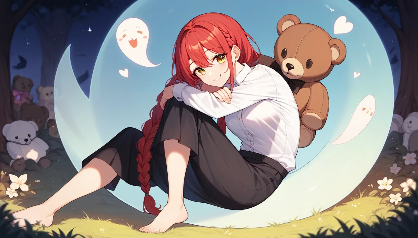 hand, hand, long hair, รอยsmile, smooth, middle bust, (yellow eyes:1.2), long hair, red hair, braided ponytail, big eyes,นั่วHug a teddy bear,sexy,full body,Sitting position,Hug a teddy bear,smile,flirt,grave background,ghost,วิญญาณ Take a break shirt, long sleeve, white shirt, dress shirt, skirt, black skirt, It's official., suit, black nightie, lady, Take a break (Masterpiece:1.2), best quality, high resolution, Harmony wallpaper 8K, (illustration:0.8), (Beautifully detailed eyes:1.6), Very detailed face, perfect lighting, The CG is very detailed., (handที่สมบูรณ์แบบ, perfect anatomy),