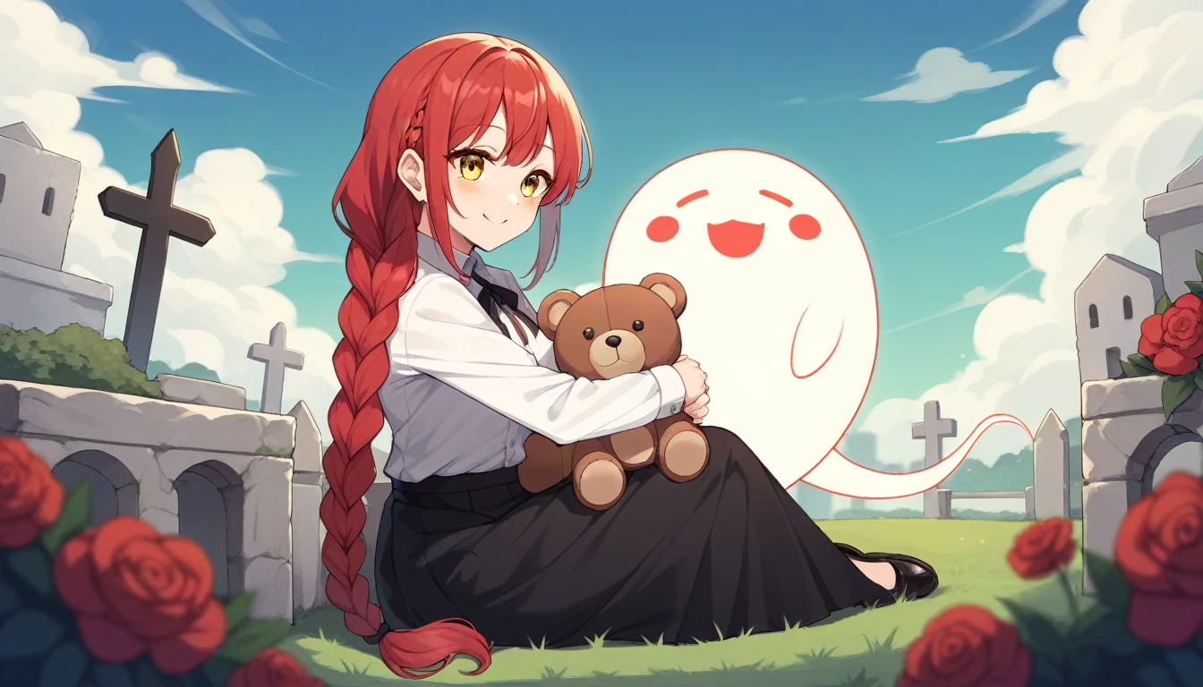 hand, hand, long hair, รอยsmile, smooth, middle bust, (yellow eyes:1.2), long hair, red hair, braided ponytail, big eyes,นั่วHug a teddy bear,sexy,full body,Sitting position,Hug a teddy bear,smile,flirt,grave background,ghost,วิญญาณ Take a break shirt, long sleeve, white shirt, dress shirt, skirt, black skirt, It&#39;s official., suit, black nightie, lady, Take a break (Masterpiece:1.2), best quality, high resolution, Harmony wallpaper 8K, (illustration:0.8), (Beautifully detailed eyes:1.6), Very detailed face, perfect lighting, The CG is very detailed., (handที่สมบูรณ์แบบ, perfect anatomy),