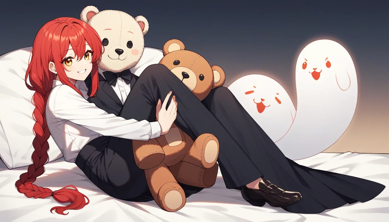 hand, hand, long hair, รอยsmile, smooth, middle bust, (yellow eyes:1.2), long hair, red hair, braided ponytail, big eyes,นั่วHug a teddy bear,sexy,full body,Sitting position,Hug a teddy bear,smile,flirt,grave background,ghost,วิญญาณ Take a break shirt, long sleeve, white shirt, dress shirt, skirt, black skirt, It&#39;s official., suit, black nightie, lady, Take a break (Masterpiece:1.2), best quality, high resolution, Harmony wallpaper 8K, (illustration:0.8), (Beautifully detailed eyes:1.6), Very detailed face, perfect lighting, The CG is very detailed., (handที่สมบูรณ์แบบ, perfect anatomy),