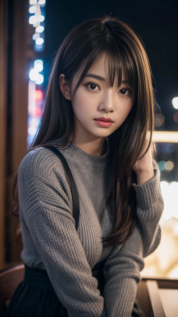 masterpiece、1 beautiful girl、Detailed eyes、Puffy eyes、Highest quality, 超High resolution, (reality: 1.4), Cinema Lighting、Asian Beauty、Korean、so beautiful、Beautiful Skin、thin、Body facing forward、(Surreal)、(High resolution)、(8k)、(Very detailed)、(beautiful Detailed eyess)、(Very detailedな)、 (wall-)、Detailed face、Bright lighting、Professional Lighting、Looking at the audience、Look straight ahead、Grey knitwear、Diagonal bangs、Night view、Brown Hair、19 years old、expensive,