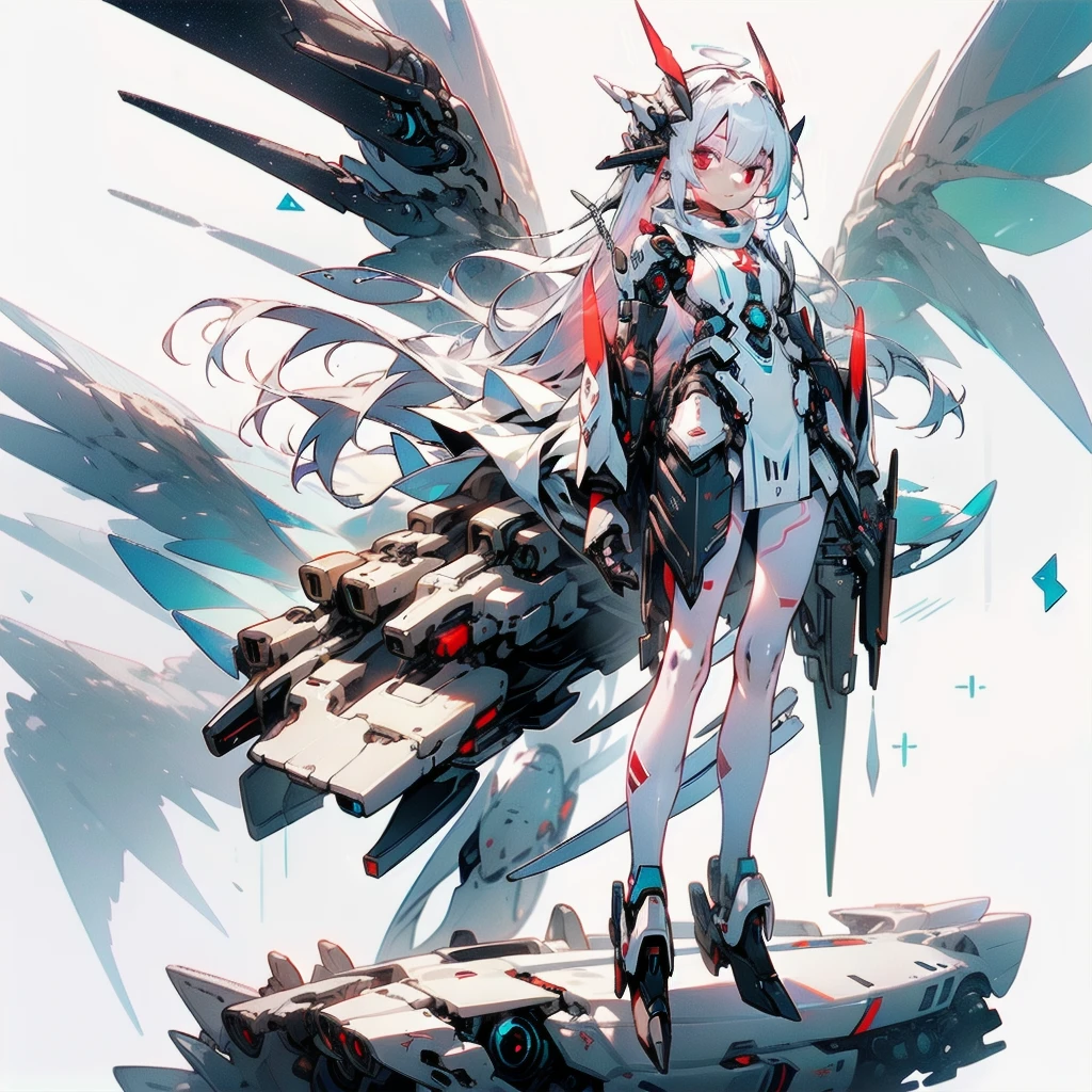 masterpiece, highest quality, highest resolution, clear_image, detailed details, white hair, long hair, 1 girl, car ears, red eyes, futuristic wings, futuristic halo, white sci fi mecha dress, white scarf (around the neck with a light blue glow), white pantyhose, full body, no water marks, city, no extra limbs, no extra body