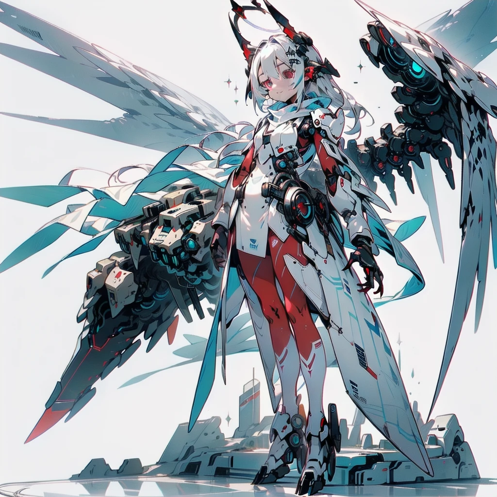 masterpiece, highest quality, highest resolution, clear_image, detailed details, white hair, long hair, 1 girl, car ears, red eyes, futuristic wings, futuristic halo, white sci fi mecha dress, white scarf (around the neck with a light blue glow), white pantyhose, full body, no water marks, city, no extra limbs, no extra body