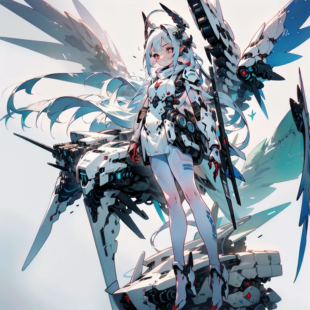 masterpiece, highest quality, highest resolution, clear_image, detailed details, white hair, long hair, 1 girl, car ears, red eyes, futuristic wings, futuristic halo, white sci fi mecha dress, white scarf (around the neck with a light blue glow), white pantyhose, full body, no water marks, city, no extra limbs, no extra body