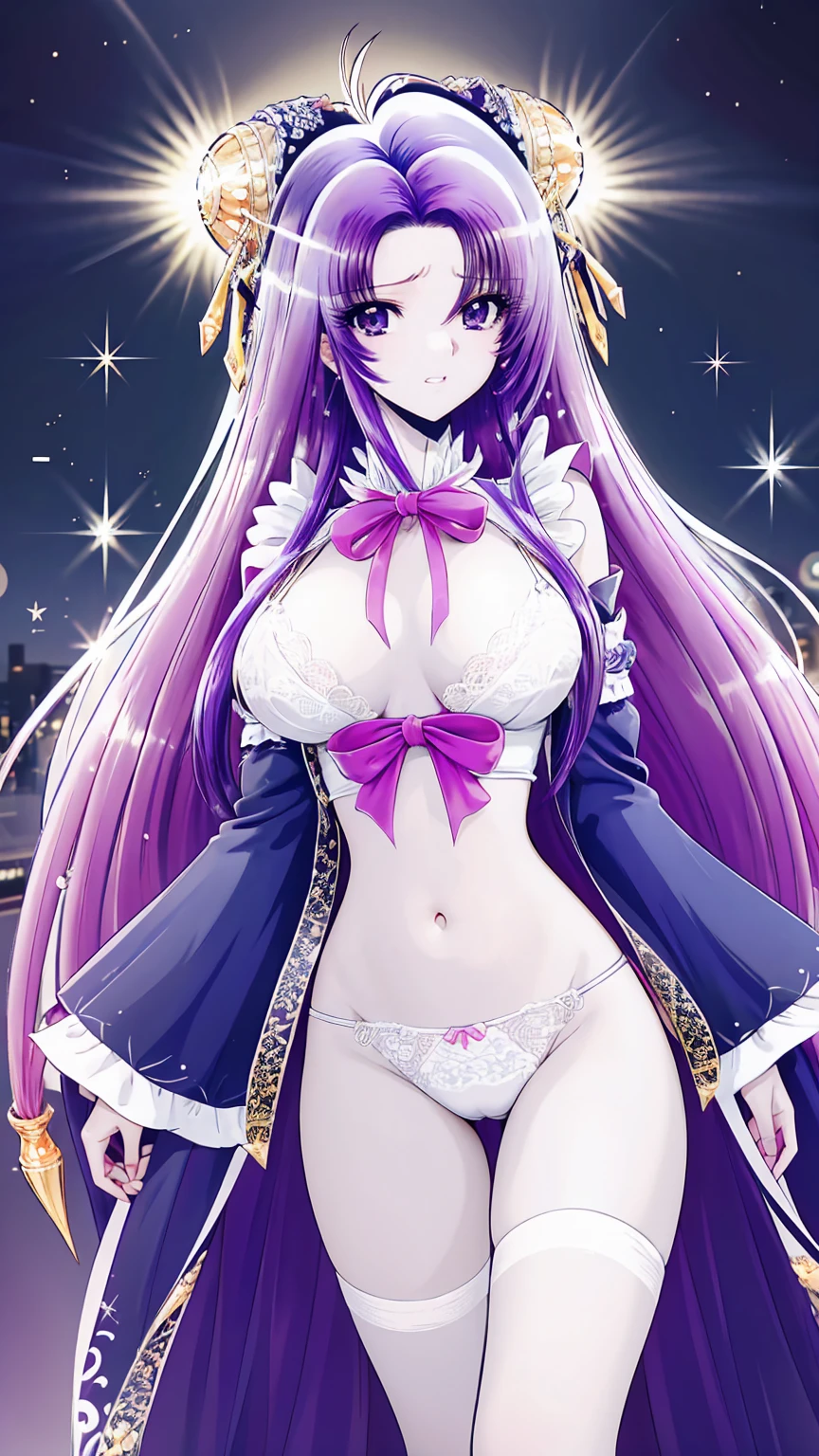 ultra-detailed、high resolution、extremely detailed CG、unity 8k wallpaper、official art、super detailed skin、perfect anatomy、cinematic lighting、beautiful detailed eyes、depth of field、ideal ratio body proportions、

anime colored、kyoto animation、(Hair is purple、White skin、Eyes are pale red、Skin color、)、see-through gothic lolita outfit,Luxury lace panties、Nipple erection、