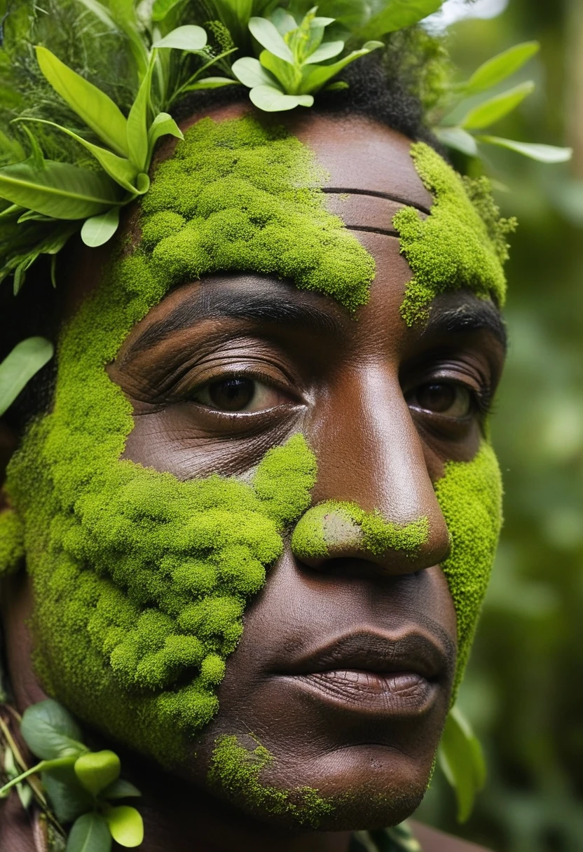 A black-skinned Latino man made from dead plants A man made from fresh plants A man made from fresh plants from the Amazon Brazil