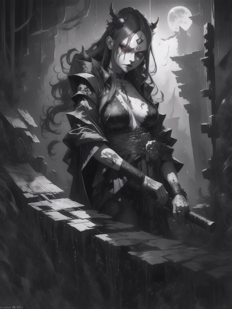 In Anime-art style, pixiv, masterpiece, 1 girl, (Close-up:1.1),Very Close to the Viewer( only half of the face is visible), soft lighting, Bloody sky, bloody environment, bloody rain, dark silhouettes, красный blood vibe, red vibe настроение, red like your blood, vampire life, Gothic, mysterious facial expressions, tattoos, aesthetics, rings and finger rings, web, head covered with dark cloth, Vampirism, на заднем фоне dark silhouettes, the character is closer to the viewer, видно только one eye, Focus on the character, Close-up, symbolism, a ritual, mirrors and paintings in the background, reflections, on the avatar, Dark art style, Blood runs down his face, portrait, leader, leads the concept, silhouettes behind, chaos, the weather is terrible, someone is spectating on her, DALLE, Close-up больших демонических глаз, сложные eyes, Unique Demon Ghouls, These images feature a dark, anime-style warrior with intricate tattoos and glowing red eyes, holding a blood-stained katana. The background includes a moonlit scene with shadowy samurai figures and a mysterious reaper, balanced to give equal focus to both the warrior and the background elements, creating a masterpiece, Digital art, city on the skyline, dark lighting, permission 1:1, blond hair, kimono, katana, Shanghai, nails painted black, in detail, moon and shadows, eyes, в eyesх отражение битвы, mysticism in the background, split personality, в eyesх готовится к битве, необычные eyes, scene, add more details, dark, fingers are proportional, serious look, holding a katana in his hands, only half of the face is visible, dystopia, night lighting, motion blur, красная и кровавая aesthetics, one eye, Close-up