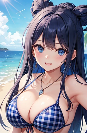 Highest quality、Highest quality、masterpiece、(8k),beauty(Age 25)、Navy blue long hair、blue eyes、Sexy Bikini(Plaid)、Big cleavage、(Big Breasts)、smile、blue necklace、Blue Earrings、background(Beach)、Please open your mouth wide、Plaidのリボンで髪を結ぶ、bracelet、Dynamic pose