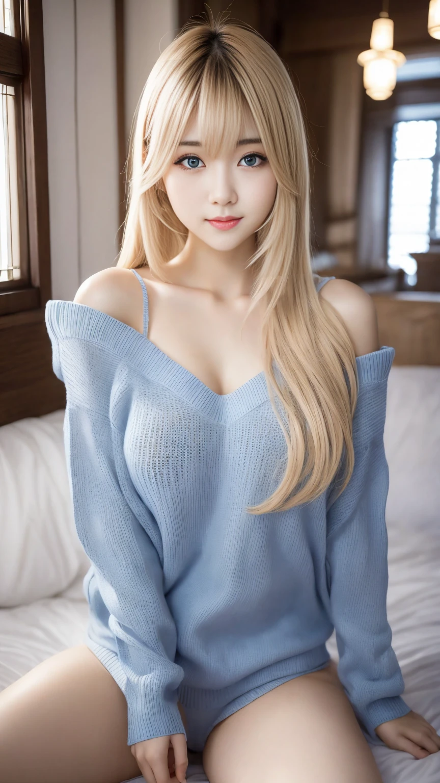 1 girl、((Virgin Killer Sweater))、blue sky、明るくてとてもbeautiful顔、young, Shiny white skin、Best Looks、Blonde hair that reflects the light brilliantly、光沢のあるbeautifulブロンドの髪を持つ、Very long silky straight hair、Long Bangs、非常にbeautiful***、Large, clear, light blue eyes、beautiful、Adorable、beautiful***