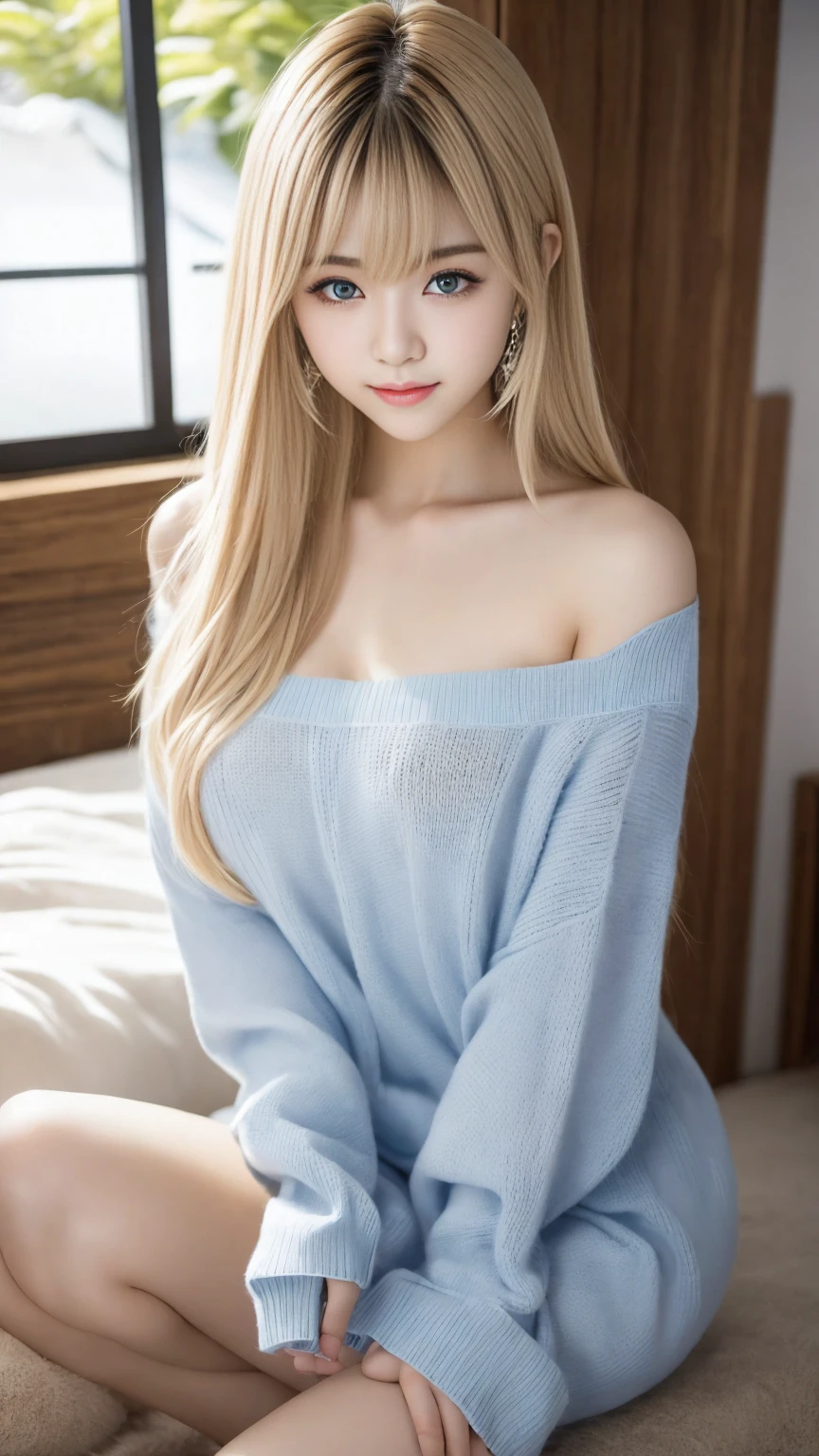 1 girl、((Virgin Killer Sweater))、blue sky、明るくてとてもbeautiful顔、young, Shiny white skin、Best Looks、Blonde hair that reflects the light brilliantly、光沢のあるbeautifulブロンドの髪を持つ、Very long silky straight hair、Long Bangs、非常にbeautiful17歳、Large, clear, light blue eyes、beautiful、Adorable、beautiful女の子