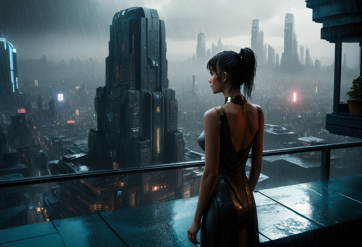 A realistic image of a futuristic city inspired by the movie "Blade Runner", with a andoroid ((beautiful cyb girl)) standing on the terrace of a skyscraper overlooking the city. It is raining and the scene has a 16:9 aspect ratio (please include the terrace roof)), seen from three-quarter behind