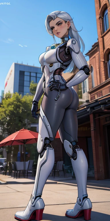 There is a woman in a robot suit posing next to an ancient building, Beautiful white girl half cyborg, Cute cyborg girl, Beautiful girl cyborg, Perfect Robot Girl, Cyborg girl, Young cyborg grady, Beautiful Female Robot, Beautiful robot woman, cyborg girl, perfect cyborg female, porcelain cyborg, Female robot, Beautiful cyborg images, Pirotess standing feet together, high boots
