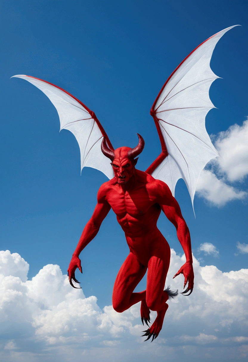 devil with wing fly on sky, red body, white wings