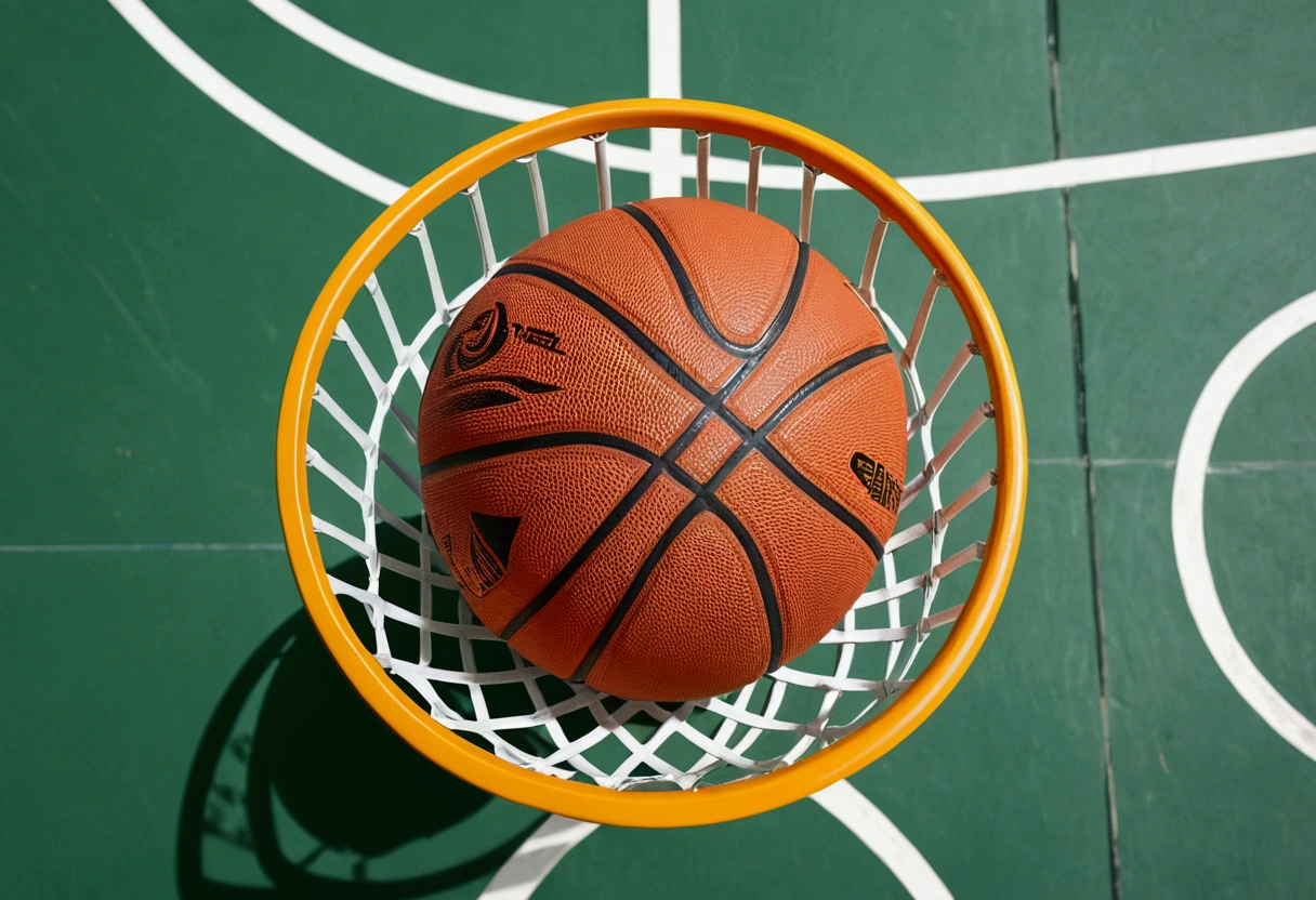 a picture of a basket ball on the basketball court, bird's-eye view, closeup
