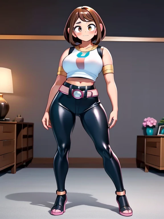 1girl, solo, Imagine Ochaco Uraraka as an adult, 45 years old, brown hair, brown eyes, blush stickers, short hair, Mature Face, brown hair, brown eyes, blush stickers, short hair, medium breasts, curvy female, thick thighs, voluptuous female, dark blue top, (midriff), white belt, black shiny leather pants and white heels, indoors, detailed background, living room, wide shot, (Standing:1.2)