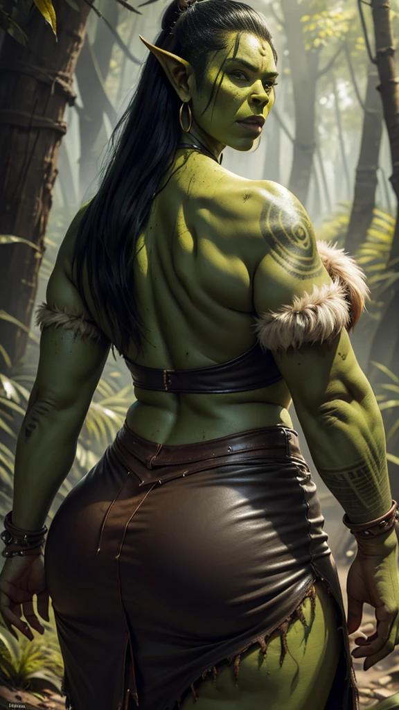 Young orc woman, female orc, (chubby), fearsome, walking in the forest, overweight, dirty hair, ((green skin)), skin imperfections, skin dentation, detailed eyes, big saggy breasts, wide hips, round belly, sharp Focus, ultra high quality, crazy details, big body, intricate pose, (wearing dirty leather and fur clothes), tribal tattoos, (wearing dirty linen dress), dirty clothes and skin, deep cleavage, 8k uhd wallpaper, masterpiece, photography, hyperrealistic, intricate shooting angle, orczor, shewoworc, naz_grandmight, view from back, bone jewelry 