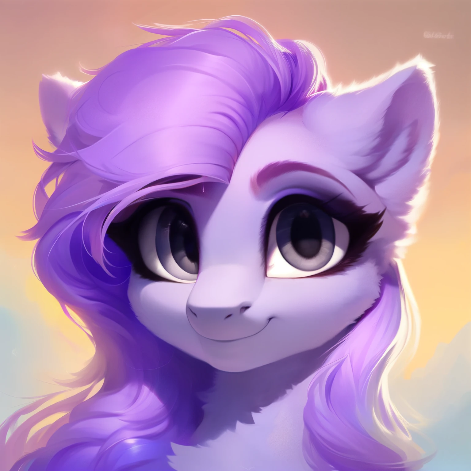 rating_safe, score_9, fluffy, feral pegasus pony, female, Light purple body, deep purple mane, disheveled hair, soft and delicate long hair, clear and proud with a hint of tenderness in grey eyes, grey eyes, smiling. dynamic
