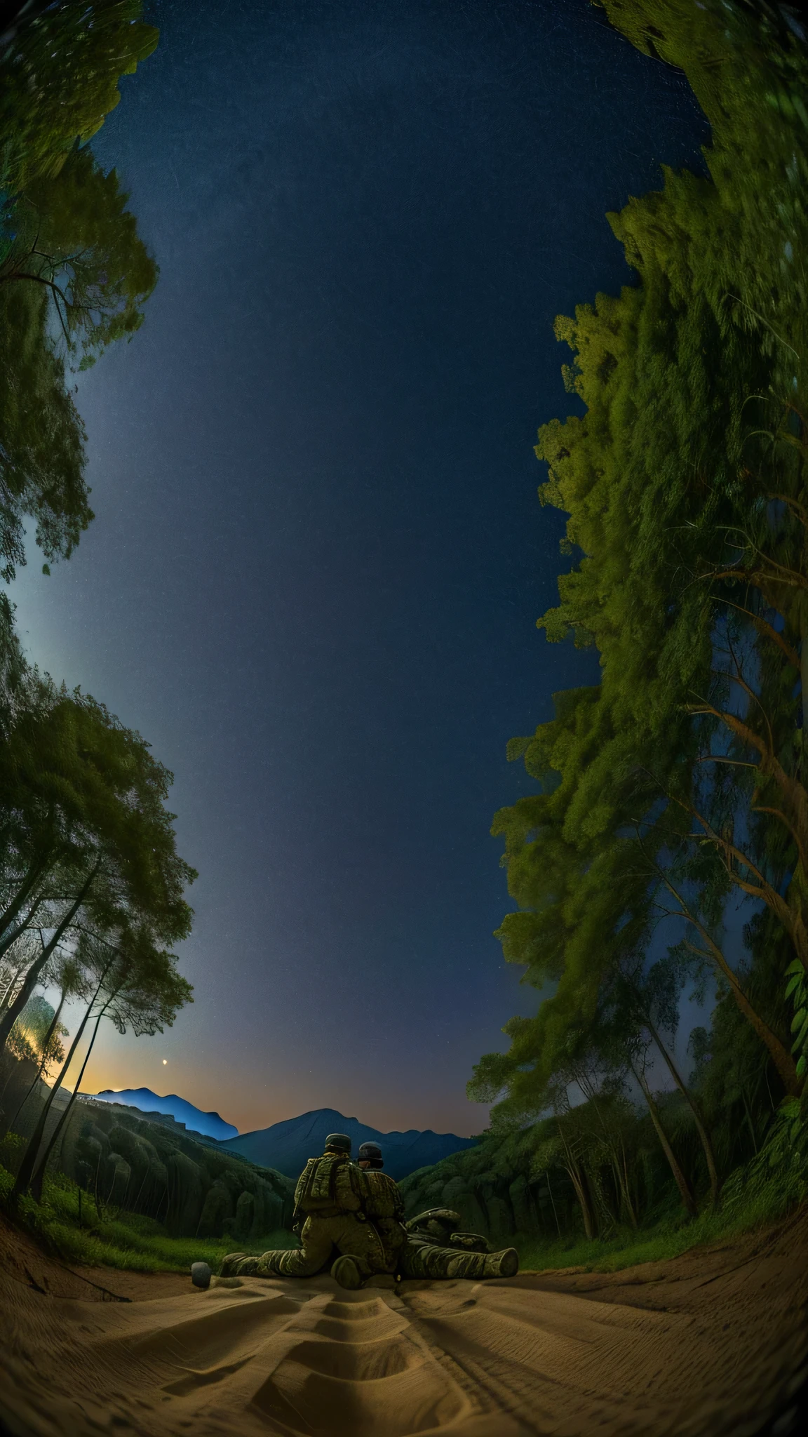 (from below:1.5), (Cinematic view), (Highest quality,4K,8k,High resolution,masterpiece:1.2),Super detailed,(Realistic,photoRealistic,photo-Realistic:1.37), (perfect ), (Perfect ratio of fingers to thumb), (Symmetrical face), ((Dense trees々A starry sky seen through the gaps)), (Predator-lurking tree々Dense jungle)Please draw a scene where someone searches for, (wet body), (Platoon-sized US Special Forces)teeth(Utilizing soldiers equipped with the latest weapons:1.5),While doing so, we will search for predators hiding deep in the jungle., (Soldiers Teeth(Assault rifle XM7)I will proceed while holding my)), (Bringing Teeth soldiers to the sky(Military twin-engine helicopter CH47)is hovering for its return.),The soldiers&#39; lonely battle begins.),(Express their tension and the terror of the jungle.), hoshizora