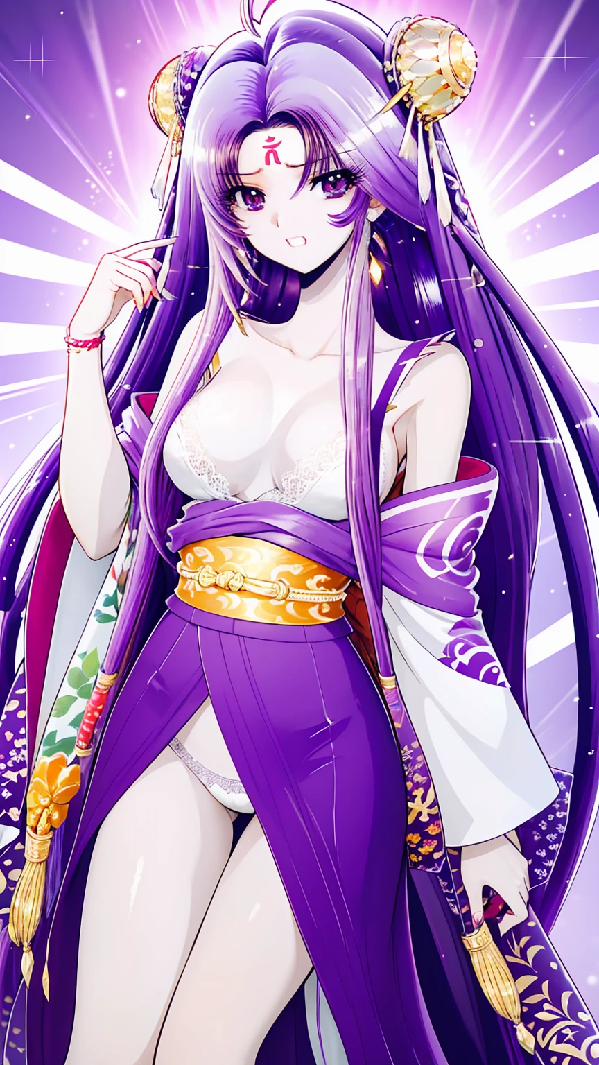 ultra-detailed、high resolution、extremely detailed CG、unity 8k wallpaper、official art、super detailed skin、perfect anatomy、cinematic lighting、beautiful detailed eyes、depth of field、ideal ratio body proportions、
anime colored、kyoto animation、(Hair is purple、White skin、Eyes are pale red、Skin color:1.3)、luxury kimono, Japanese-style beauty, 28 years old, Japanese, long black hair, shiny hair, hair ornament, sweaty, sad,Luxury lace panties、Nipple erection、