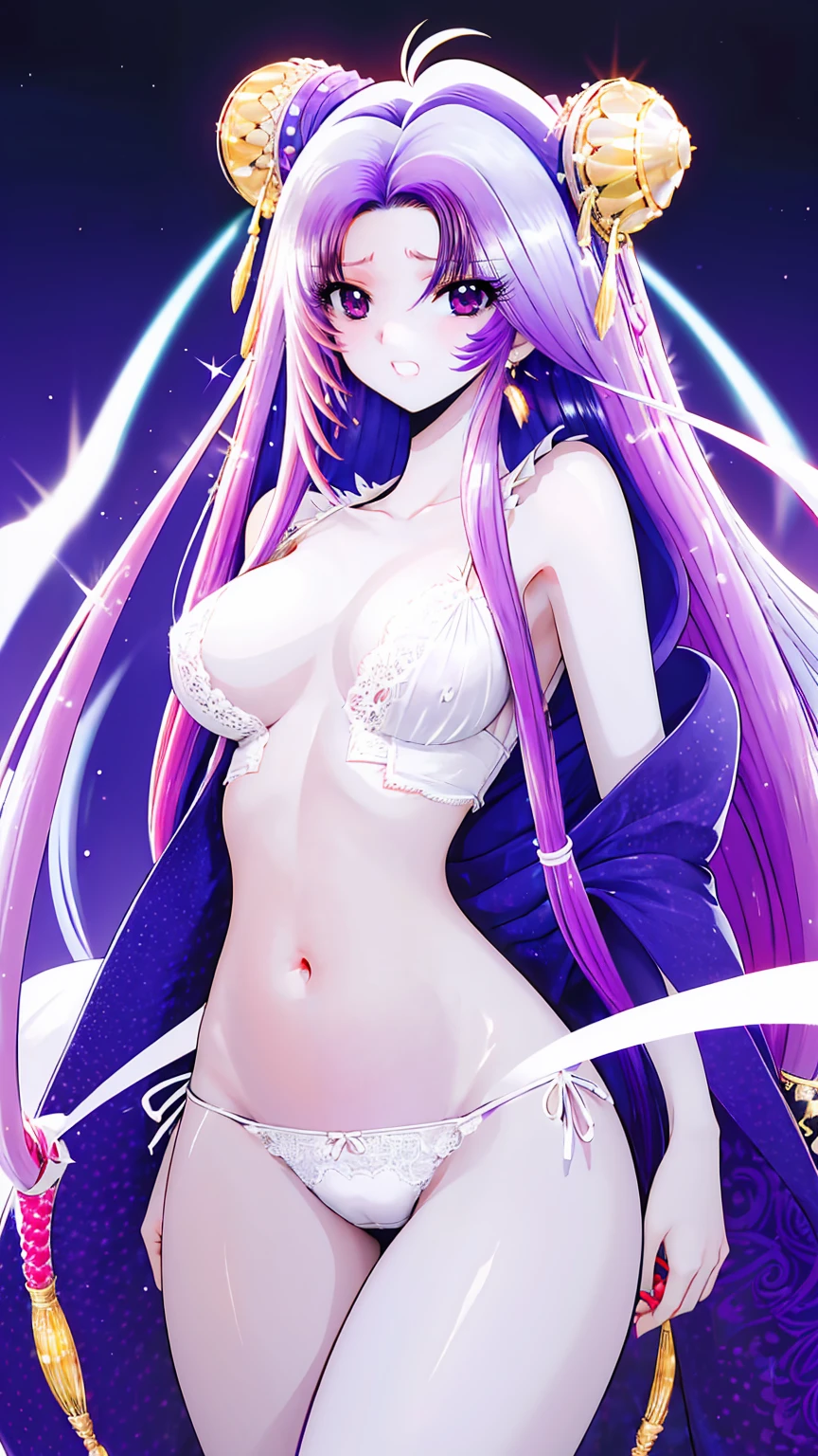 ultra-detailed、high resolution、extremely detailed CG、unity 8k wallpaper、official art、super detailed skin、perfect anatomy、cinematic lighting、beautiful detailed eyes、depth of field、ideal ratio body proportions、

anime colored、kyoto animation、(Hair is purple、White skin、Eyes are pale red、Skin color:1.3)、luxury kimono, Japanese-style beauty, 28 years old, Japanese, long black hair, shiny hair, hair ornament, sweaty, sad,Luxury lace panties、Nipple erection、