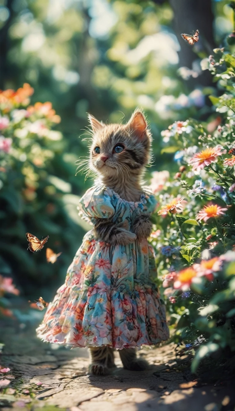 A shy sweet little cat girl in a flowery summer dress grinning in a sunny garden, tries to catch small butterflies, plush, fluffy, adorable, Hyperdetailed Photography, cinematic, best quality, ultra-detailed, Diffraction Grading, elegant, kodachrome, ethereal, environmental opulence, chiaroscuro, embedding:OverallDetail,