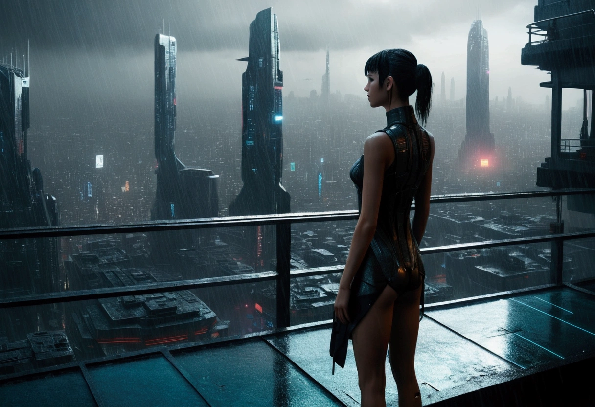 A realistic image of a futuristic city inspired by the movie "Blade Runner", with a andoroid ((beautiful cyberpunk girl)) standing on the terrace of a skyscraper overlooking the city. It is raining and the scene has a 16:9 aspect ratio (please include the terrace roof)), seen from three-quarter behind