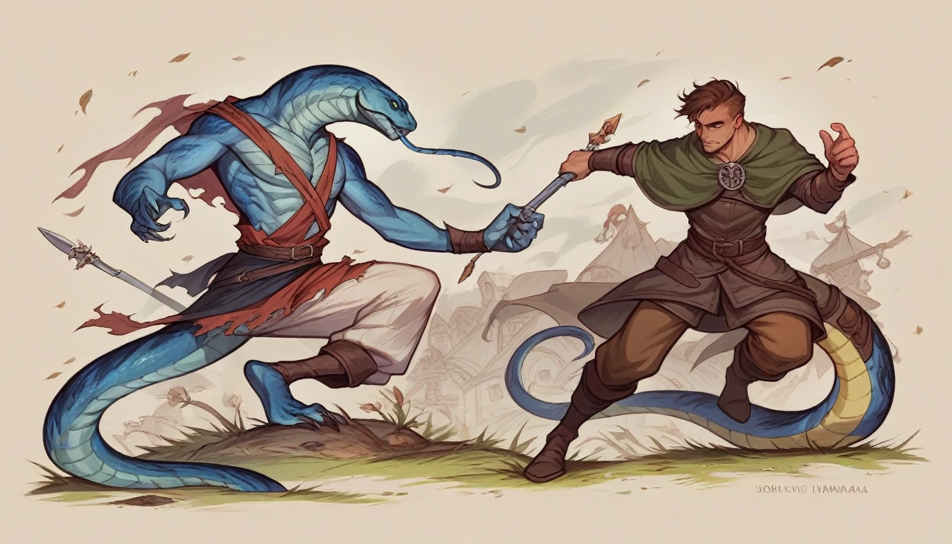 a wild boy fighting a giant snake, medieval rpg background, epic Art of RPG, dungeons and dragons artwork, Arte de RPG, dungeons and dragons art, arte de fantasy de masmorras e dragões, d & of fantasy art, dungeons and dragons art, fantasy d & arte d, High quality DND illustration, Arte de RPG, hyperrealistic d & of fantasy art, dnof fantasy art