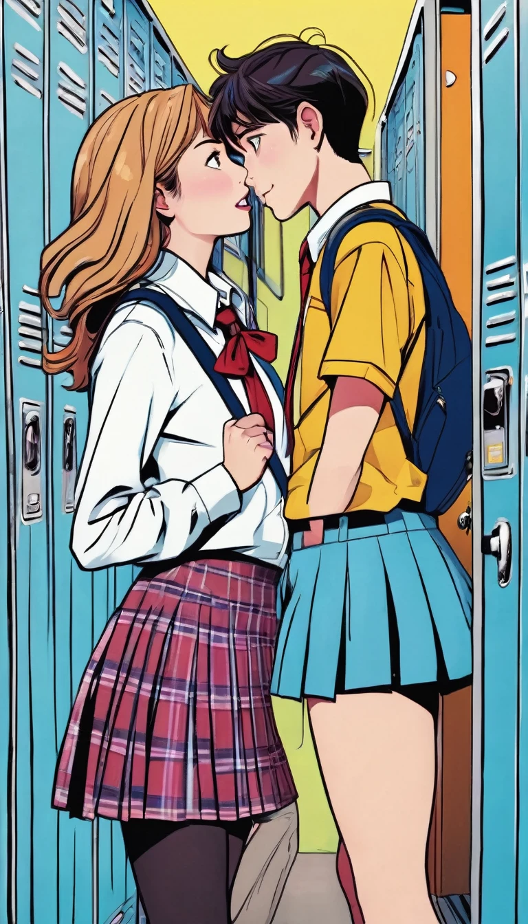 (best quality,ultra-detailed,realistic:1.37),humor,comic style,bold lines,vibrant colors, (Angle from below:1.3), Romantic comedy, high school (couple:1.2) getting along in a school locker, packing tightly, A boy and a girl face each other in close contact, Crowded, (Summer clothes shirt:1.2), the girl was not wearing a blazer, but a blouse and ribbon, and a pleated checked miniskirt.