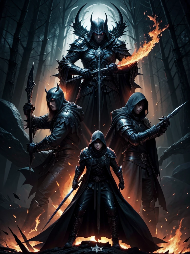 heavy metal album cover. wielding swords. hielo versus fire. hooded dark knight. forest sinister glory. fire. good and evil. turn