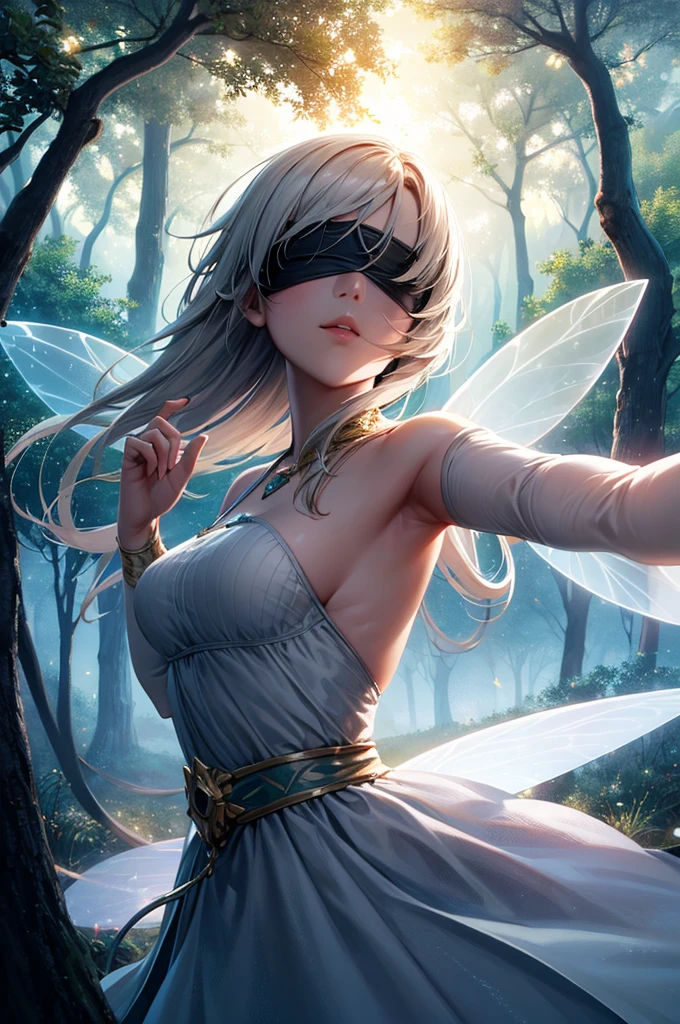 masterpiece, 1 Fairy, Flying fairy girl, Perfect Face, Light, Glass Tree Forest, Dramatic lighting,  Blindfold, Super detailed, floating glow Light, Depth of written boundary, (Shining Dust)