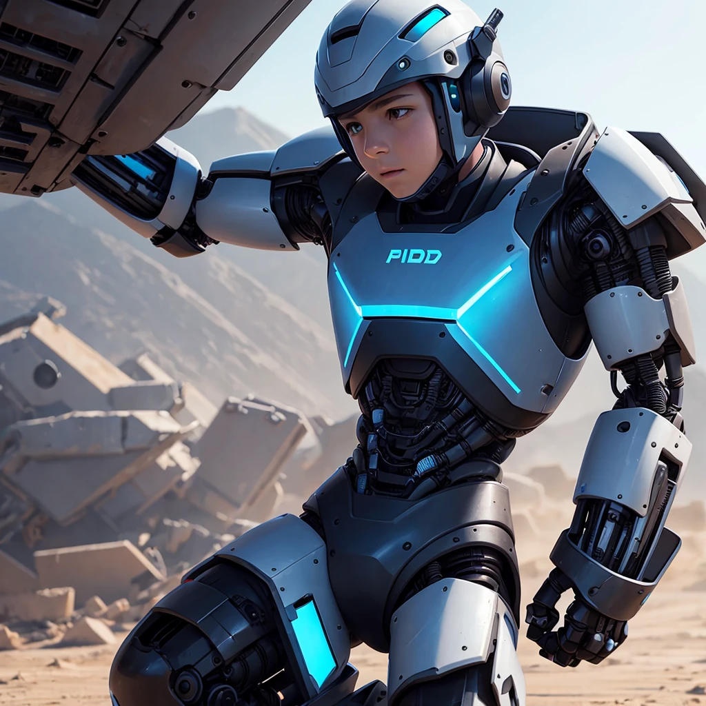 A boy piloting a robot