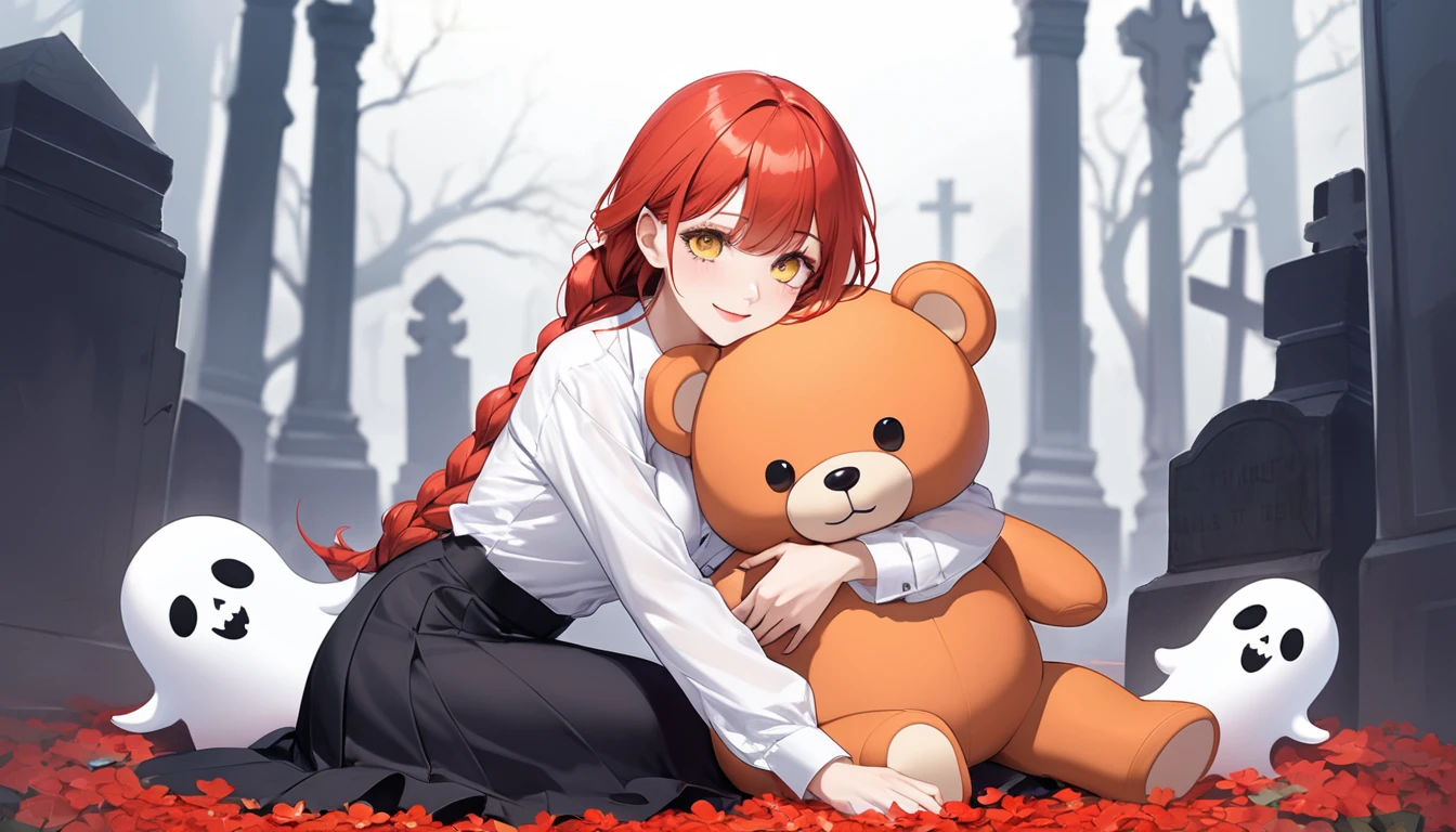 hand, hand, long hair, รอยsmile, smooth, Middle Page, (yellow eyes:1.2), long hair, red hair, braided ponytail, big eyes,นั่วHug a teddy bear,sexy,full body,Sitting position,Hug a teddy bear,smile,flirt,grave background,ghost,วิญญาณ Take a break shirt, long sleeve, white shirt, dress shirt, skirt, black skirt, It's official., suit, black nightie, lady, Take a break (Masterpiece:1.2), best quality, high resolution, Harmony wallpaper 8K, (illustration:0.8), (Beautifully detailed eyes:1.6), Very detailed face, perfect lighting, The CG is very detailed., (handที่สมบูรณ์แบบ, perfect anatomy),