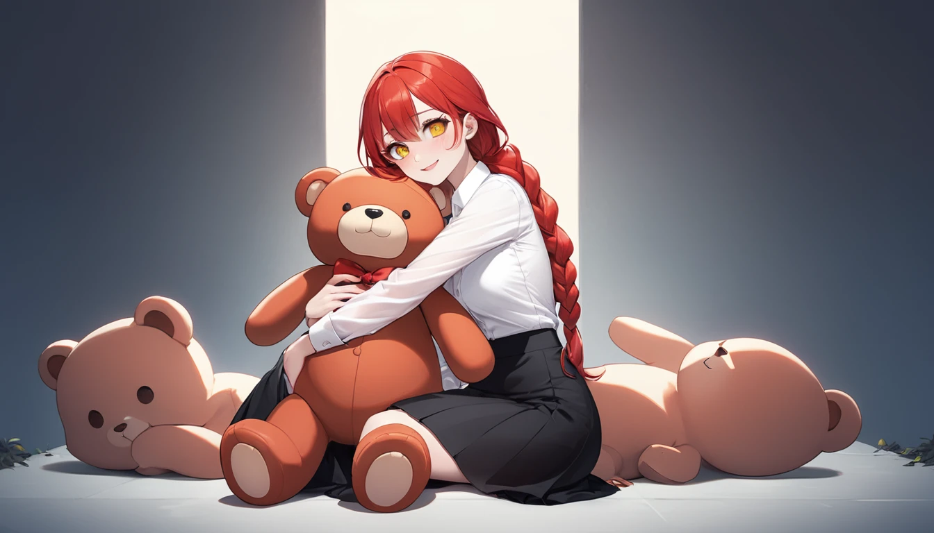 hand, hand, long hair, รอยsmile, smooth, Middle Page, (yellow eyes:1.2), long hair, red hair, braided ponytail, big eyes,นั่วHug a teddy bear,sexy,full body,Sitting position,Hug a teddy bear,smile,flirt,grave background,ghost,วิญญาณ Take a break shirt, long sleeve, white shirt, dress shirt, skirt, black skirt, It's official., suit, black nightie, lady, Take a break (Masterpiece:1.2), best quality, high resolution, Harmony wallpaper 8K, (illustration:0.8), (Beautifully detailed eyes:1.6), Very detailed face, perfect lighting, The CG is very detailed., (handที่สมบูรณ์แบบ, perfect anatomy),