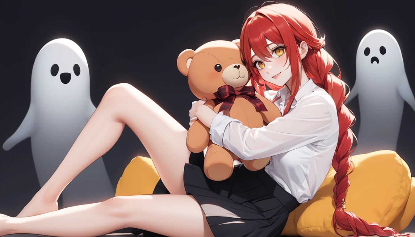 hand, hand, long hair, รอยsmile, smooth, Middle Page, (yellow eyes:1.2), long hair, red hair, braided ponytail, big eyes,นั่วHug a teddy bear,y,full body,Sitting position,Hug a teddy bear,smile,flirt,grave background,ghost,วิญญาณ Take a break shirt, long sleeve, white shirt, dress shirt, skirt, black skirt, It's official., suit, black nige, lady, Take a break (Masterpiece:1.2), best quality, high resolution, Harmony wallpaper 8K, (illustration:0.8), (Beautifully detailed eyes:1.6), Very detailed face, perfect lighting, The CG is very detailed., (handที่สมบูรณ์แบบ, perfect anatomy),