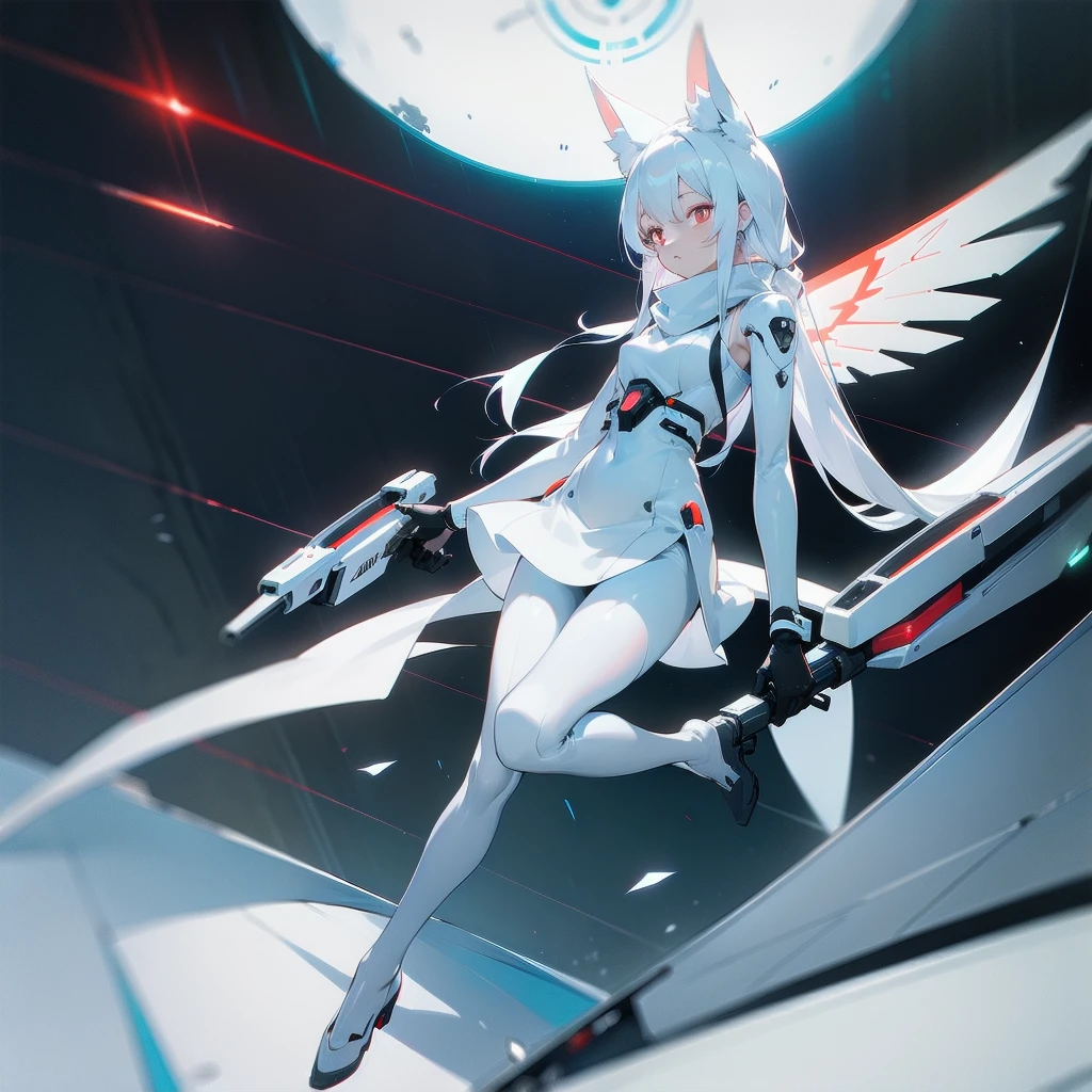 masterpiece, highest quality, highest resolution, clear_image, detailed details, white hair, long hair, 1 girl, car ears, red eyes, futuristic wings, futuristic halo, white sci fi mecha dress, white scarf (around the neck with a light blue glow), white pantyhose, full body, no water marks, city, no extra limbs, no extra body