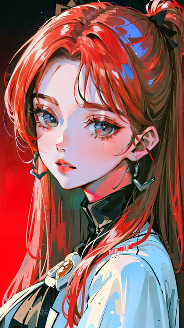 (Portraits:1.4), (masterpiece:1.2, best quality:1.2), from above, upper body, 1girl, Look up, face focus, extremely detailed face, extremely detailed eyes, good-looking, make up, fashion wear, earrings, red straight hair, midium straight hair, forehead showing, all back bangs, overconfident attitude, mean smile, smiling a little, cool vibes
