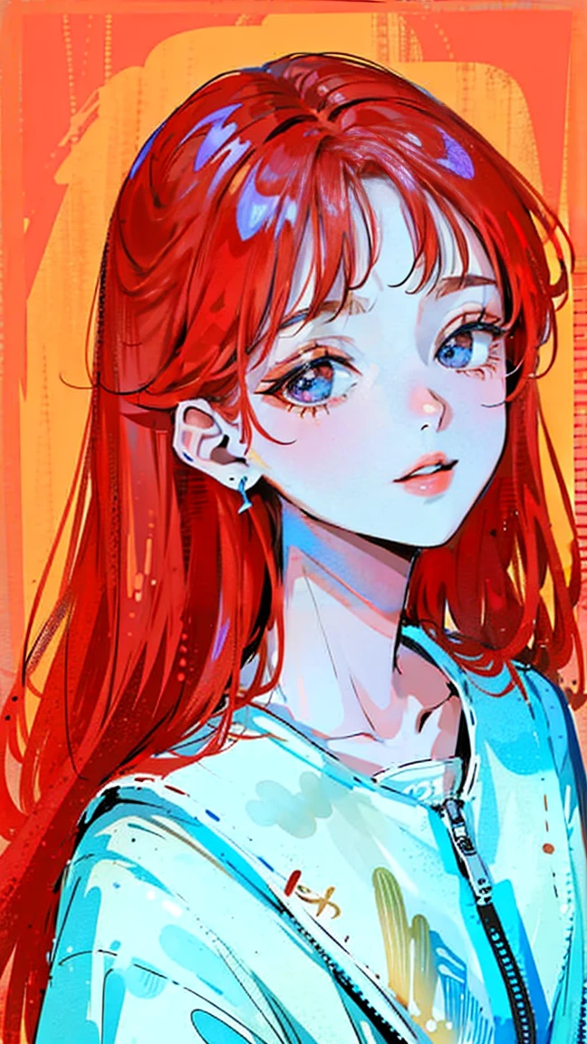 (Portraits:1.4), (masterpiece:1.2, best quality:1.2), from above, upper body, 1girl, Look up, face focus, extremely detailed face, extremely detailed eyes, good-looking, make up, fashion wear, earrings, red straight hair, midium straight hair, forehead showing, all back bangs, overconfident attitude, mean smile, smiling a little, cool vibes