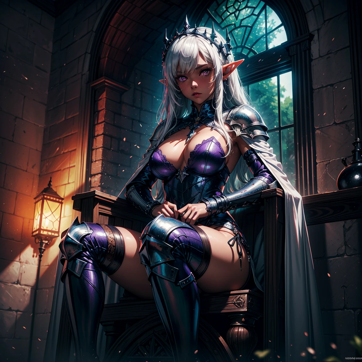 1girl, (solo), elf, long asymmetrical hair, white hair, long pointed ears, ((purple eyes!!)), serious, blushing, (medium breasts), dark skin, (knight), chainmail, plate armor, sitting on throne, crossed arms, medieval castle behind, medieval castle town, (days), (very sexy body, detailed face, detailed eyes, masterpiece, highly detailed, 8k, best quality, vibrant colors, digital art, concept art)