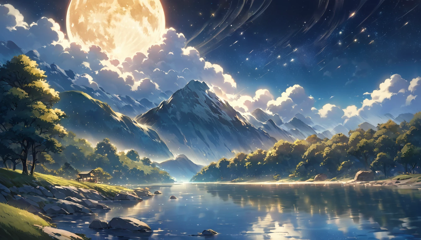 A painting of a river, stars and the moon in the sky, In bright colors, by makoto shinkai. Concept art inspired by Mitsuoki Tosa, pixiv Contest Winner, Highest quality, Beautiful anime scene, Golden Moon, No humans, Starry Sky, scenery, cloud, Shine, the scenery of night landscapes, Mountain, Rivers. Bright full moon, Starry Sky environment under the moonlight, Dream Painting, Fantasy Landscape Painting, A dreamlike night, Anime Background, Background artwork, Dreamy Art, Atmospheric anime, Starry Sky, Detail enhancements.high resolution,reality,Emotional,beautiful,Transparency,Realistic Scenery,It looks like it's about to start moving
