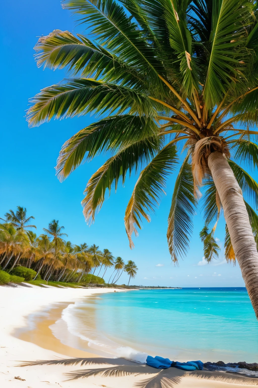 Two lovers seat under coconut tree at seaside long beach has fresh blue skies and sea was background