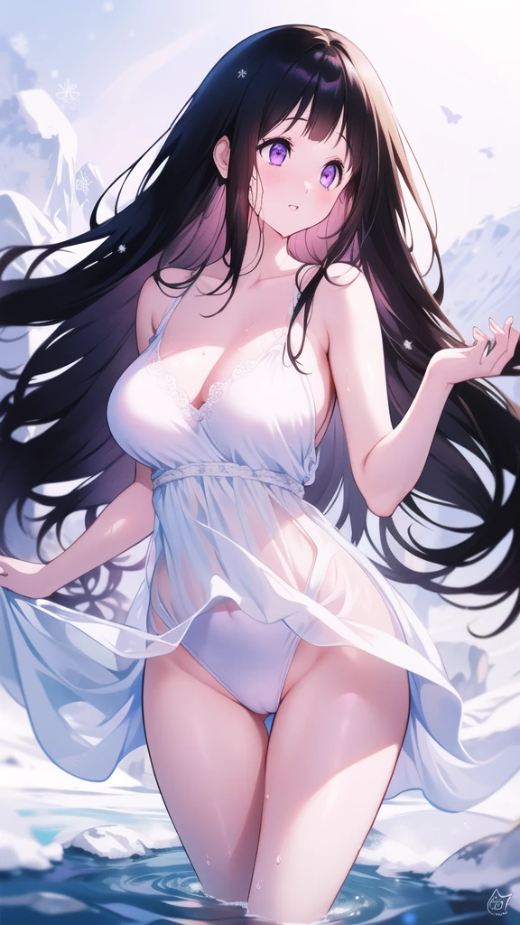 Chitanda,只有一个beautiful girl,Purple Eyes, Black Hair, Natural straight hair, Straight bangs,Extremely refined,open your lips,Face is so red,Very white skin,Skin as delicate as porcelain,Glowing skin,big eyes,Flowing long hair,beautiful girl, Like a dream,Slim,Slim waist,Soft, (Sensual), (Kawaii), Dream quality,Sweaty and sweaty,Wet skin,Side breasts,snowflake,Playing in the snow on the snow mountain,Looking up,Looking up,Falling to the ground,Thighs clamp hands,It's covered in water,Hands reach into your pants,White transparent dress,Profile,(Completely naked),Gluteal groove,The outline of the breasts is visible through clothing,Completely naked的背部,nacked hip,very close,Deep V neckline,Loose neckline,Beautiful big breasts,No pants,nopan,no pants,Bare shoulders,There are no shoulder straps,Exposed collarbone,Delicate clavicle,Delicate hands and feet,Bare neck,There are no clothes around the neck,Bare thighs,Exposed groin,Camel toe,extremely shy,Ultra-high resolution, (masterpiece:1.2, best quality), (Delicate and beautiful eyes: 1.2), (Beautiful and delicate face)