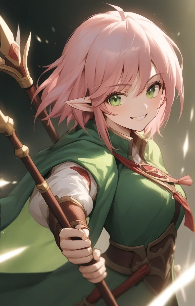elf, woman, dnd, pink hair, adventurer, green cloak, elegant, wield staff, green eye, sun light, bust shot, smile, flat chest