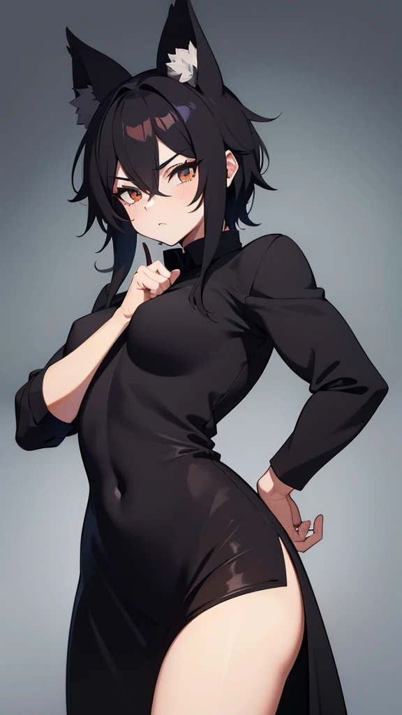 Muscular furry tomboy wearing dark black dress.