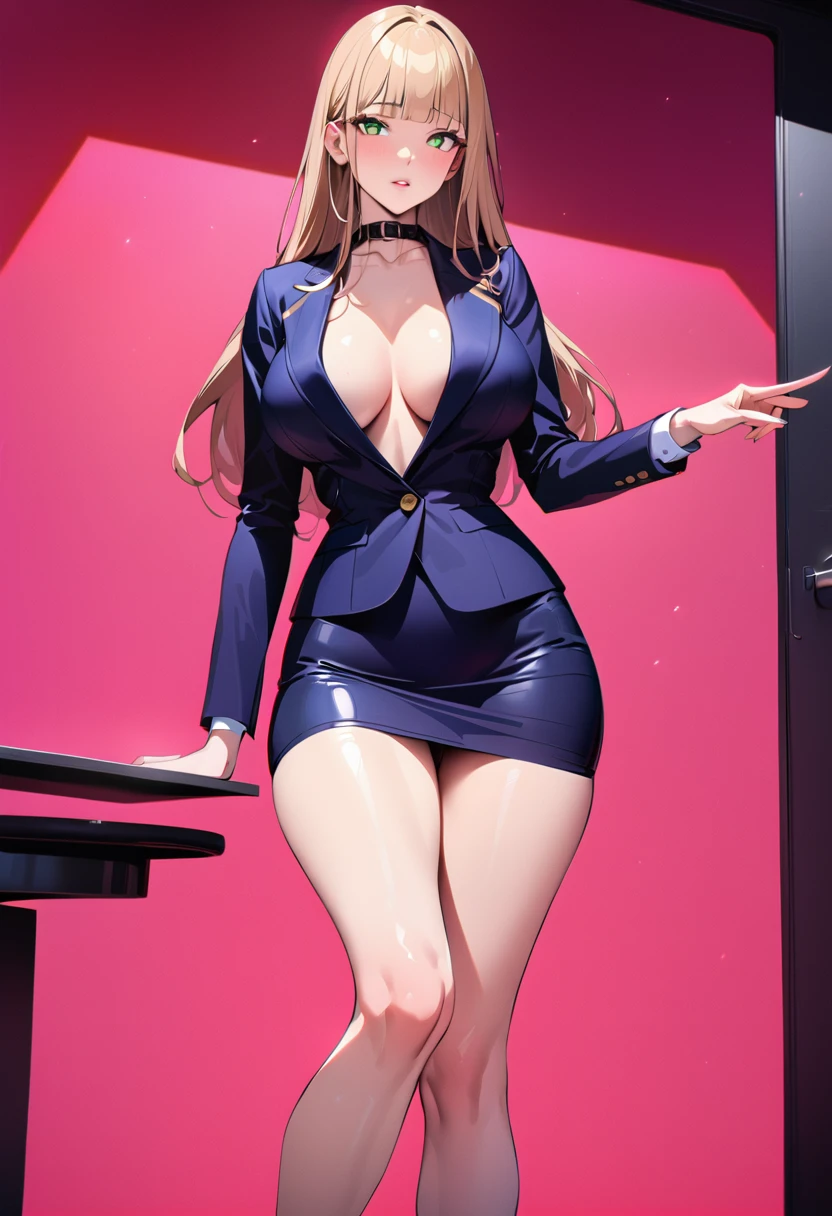 (Best quality, 8K, masutepiece, Ultra HD: 1.3), 1girl in, ,Light brown hair, Blunt bangs, hair behind ear, hair over shoulders, Long hair, Slender body type, ultradetail face, Oversized breasts,Delicate lips, Beautiful eyes, Double eyelids, lipsticks, thin blush ,Green eyes ,perfect glossy shiny skins,Flawless skin,White skin of the,perspired,Invite your gaze, chest,Ultra-thin pointer, Ultra-thin fingers, Shirt with collar, Tight skirts , beautifullegs ,Pump. s Office