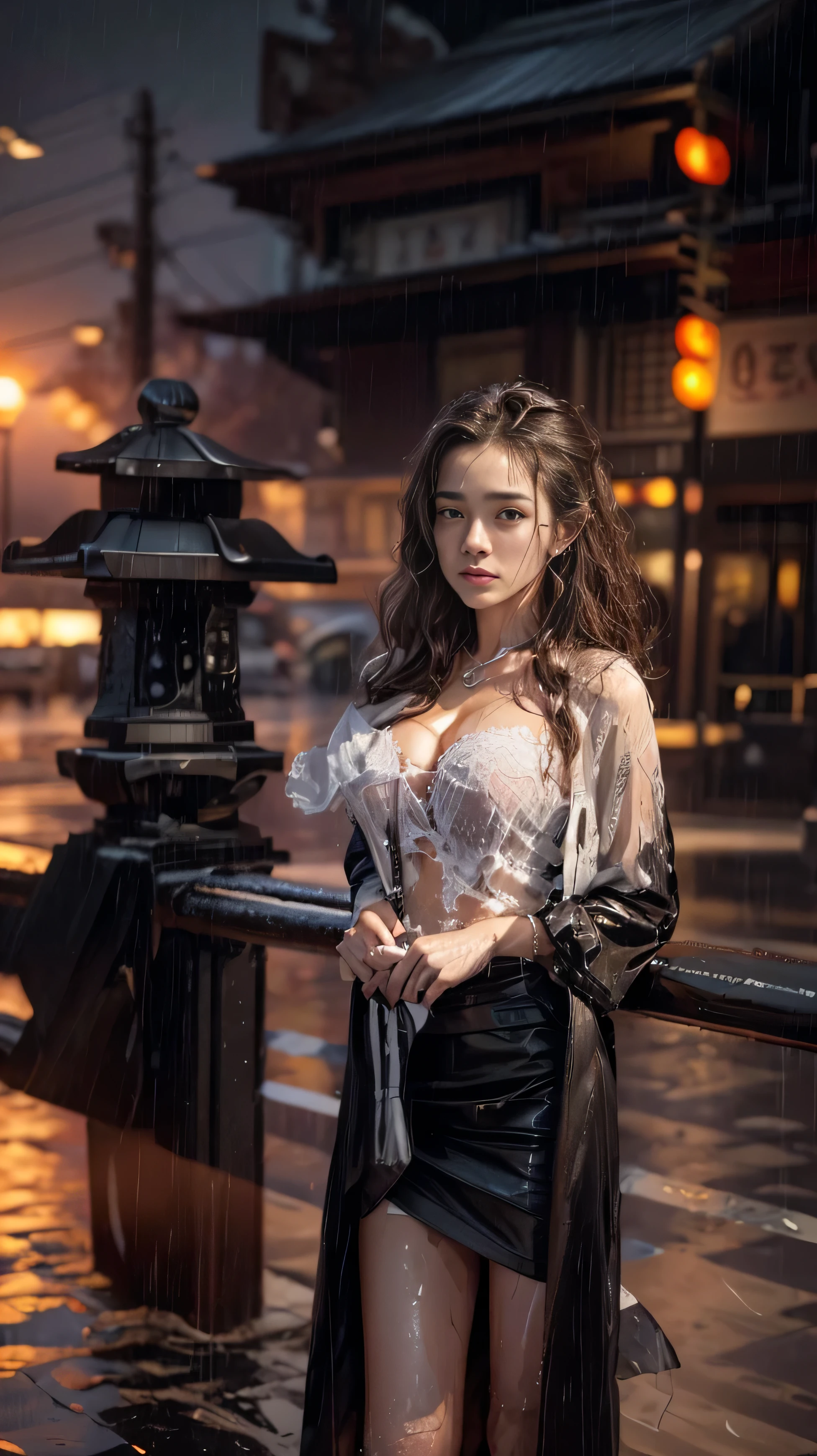 (RAW shooting, Photoreal:1.5, 8K, highest quality, masterpiece, ultra high resolution), ((((Typhoon heavy rain)))), perfect dynamic composition:1.2, (Night street corner of a modern city, expression of sadness:1.1, Tears are flowing:1.1, cry with a broken heart:1.1), Highly detailed skin and facial textures:1.2, Slim office lady wet in the rain:1.3, Fair skin:1.2, sexy beauty:1.1, perfect style:1.2, beautiful and aesthetic:1.1, very beautiful face:1.2, water droplets on the skin, (rain drips all over my body:1.2, wet body:1.2, wet hair:1.3, Wet tight skirt:1.2, wet blouse:1.3), belt, (Medium chest, Bra is sheer, Chest gap), (Eyes that feel beautiful eros:0.8), (Too erotic:0.9, Bewitching:0.9), cowboy shot, Shoulder bag, necklace, earrings, bracelet, clock