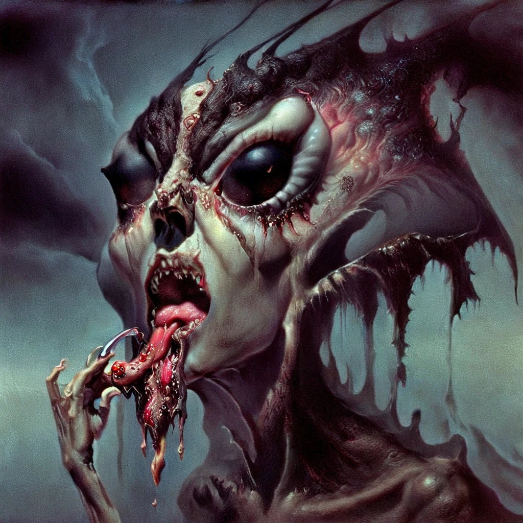 beautiful image, demonic-fantasy ,hyper surreal pleasure and suffering,,exaggerated features, lucid,atmospheric, hyperstylized abaritions, tongue elongated, entering her (Salvador dali surrealism)femalegenitalia unnerving image, (mild abstracts of obscurity)phantoms, harrowing ,expert fantasy surrealism, Unsettling, gynecologic tampering, Graphic stunning hellscape, extreme, morbid, whimsical evil Brom style character concepts (inspired by the Plucker) dave mcKean detailing mesh With minimal alien sleek surfaces hyper detailed macabre style, atmospheric,dark,, visceral,, unsettling, award winning, amaizing Artistry, perfect harsh lighting with new school art style color pops