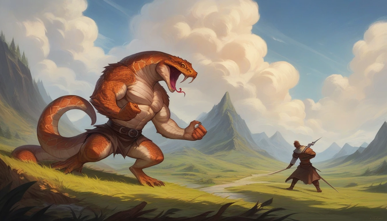 a wild boy fighting a giant snake, medieval rpg background, epic Art of RPG, dungeons and dragons artwork, Arte de RPG, dungeons and dragons art, arte de fantasy de masmorras e dragões, d & of fantasy art, dungeons and dragons art, fantasy d & arte d, High quality DND illustration, Arte de RPG, hyperrealistic d & of fantasy art, dnof fantasy art